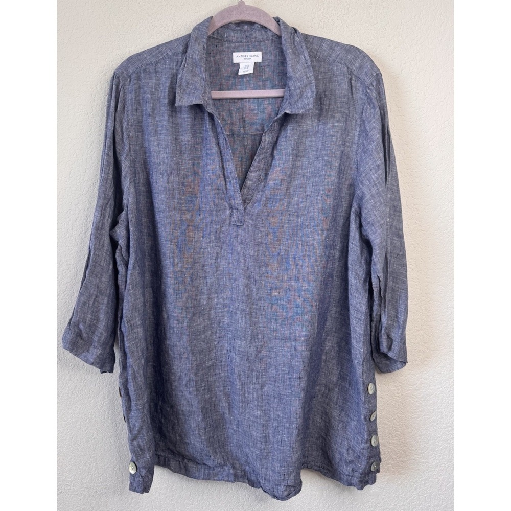 Antibes Blanc 100% Linen Tunic Top Womens 1X Relaxed Beachy Lagenlook Minimalist